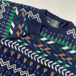 Bonjour Menswear Vintage Navy Geometric Fair Isle Knit Sweater Large